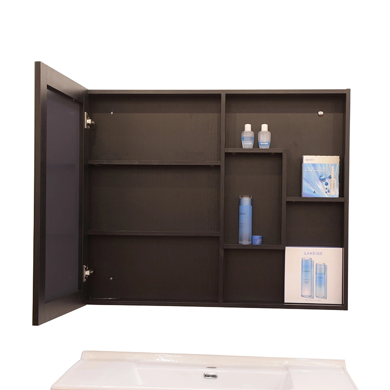 PVC Paint Free Wall Mounted Type Bathroom Cabinet Furniture with Black Artificial Stone Top Ceramic Basin and LED Mirror