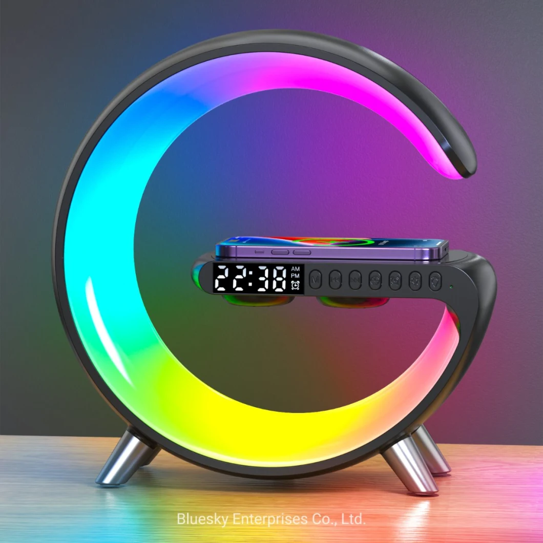 2023 Smart Home Gadgets APP Control RGB Light Wireless Charger with Alarm Clock Bluetooth Speaker Wake up Lightr Bedside