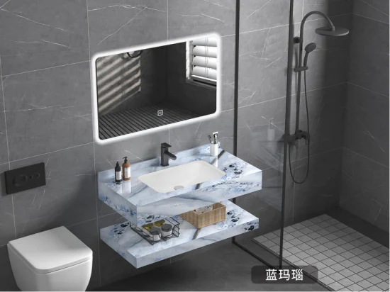 Fabricante de novo design estilo OEM espelho LED móveis de banheiro armário vaidades móveis com bacia de placa de rocha