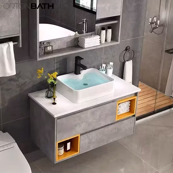 Ortonbath moderno montagem na parede ripas de cerâmica pia do banheiro dupla camada de madeira unidade de vaidade armário de pedra artificial móveis de banheiro com armário de espelho led